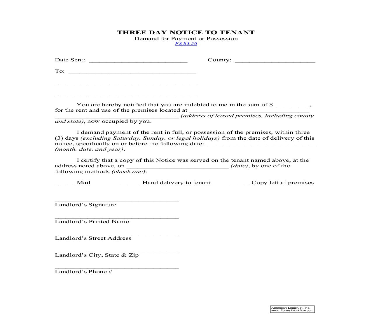 Three Day Notice To Tenant (Demand For Payment Or Possession) | Pdf Fpdf Doc Docx | Florida