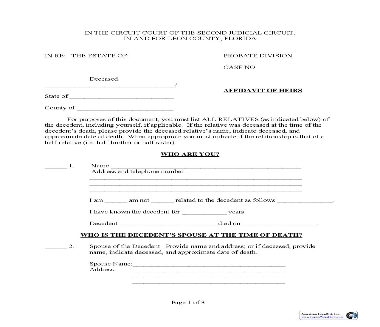 Affidavit Of Heirs | Pdf Fpdf Doc Docx | Florida