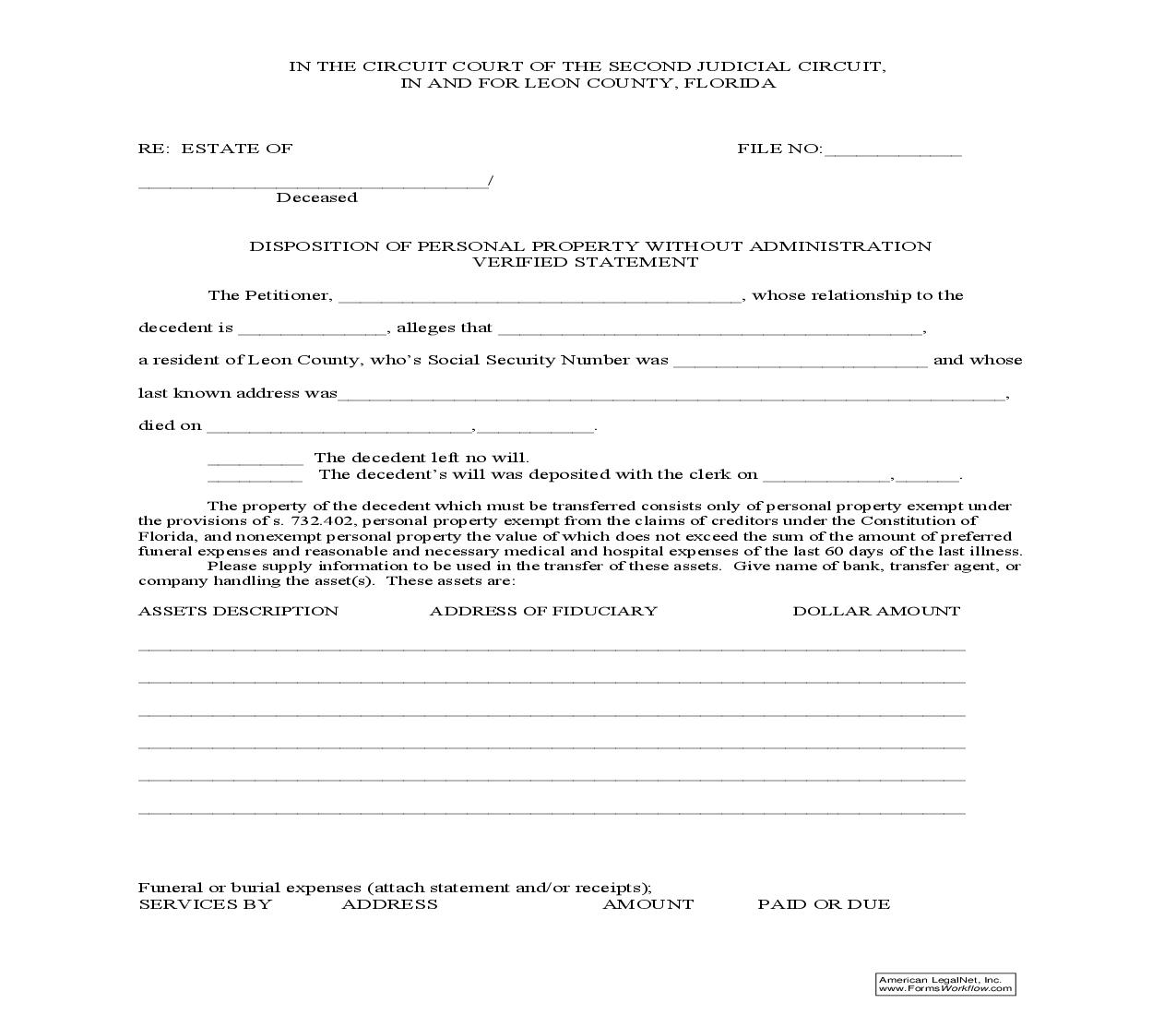 Disposition Of Personal Property Without Administration Verified Statement | Pdf Fpdf Doc Docx | Florida