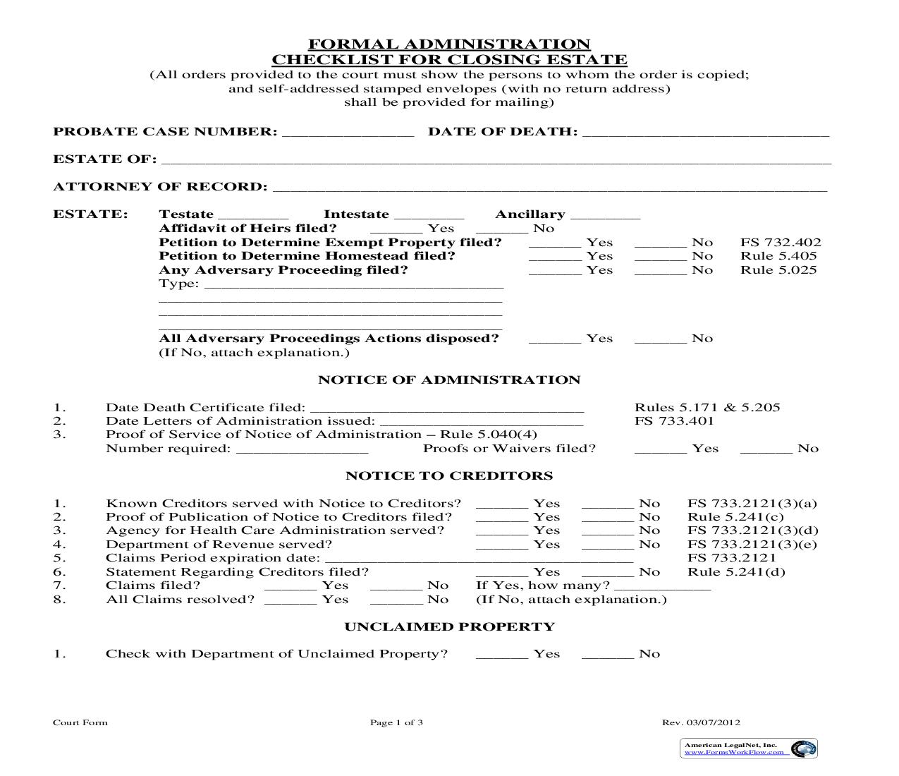 Formal Administration Checklist For Closing Estate | Pdf Fpdf Doc Docx | Florida