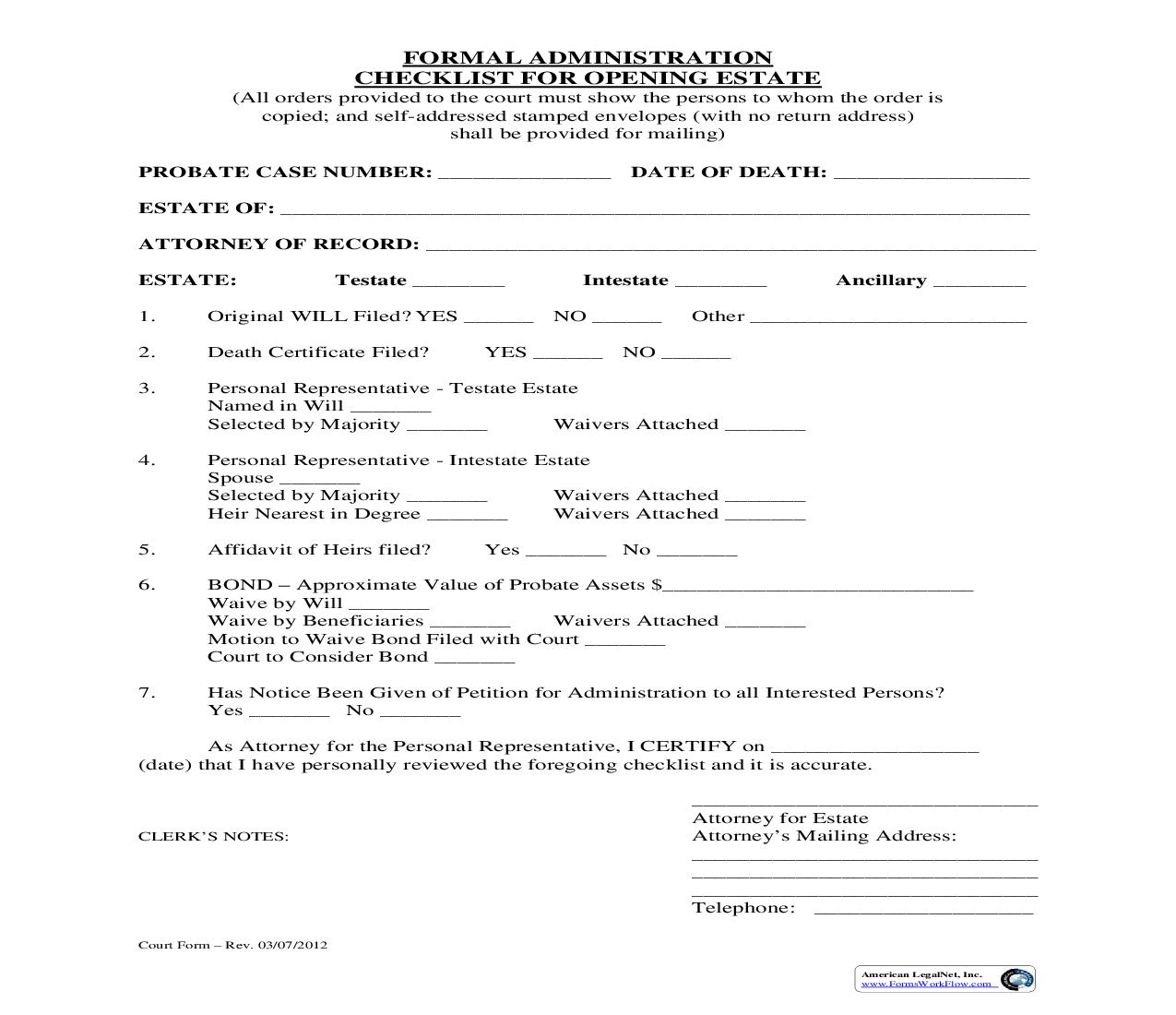 Formal Administration Checklist For Opening Estate | Pdf Fpdf Doc Docx | Florida