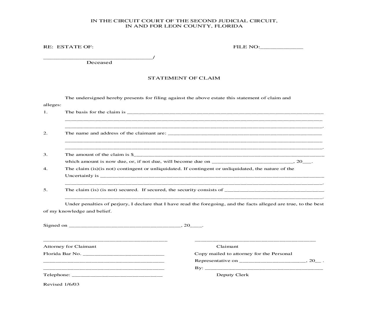 Statement Of Claim (Probate) | Pdf Fpdf Doc Docx | Florida