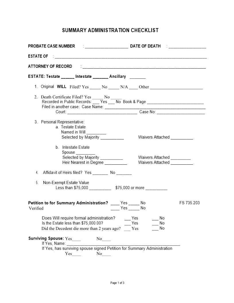 Summary Administration Checklist | Pdf Fpdf Docx | Florida