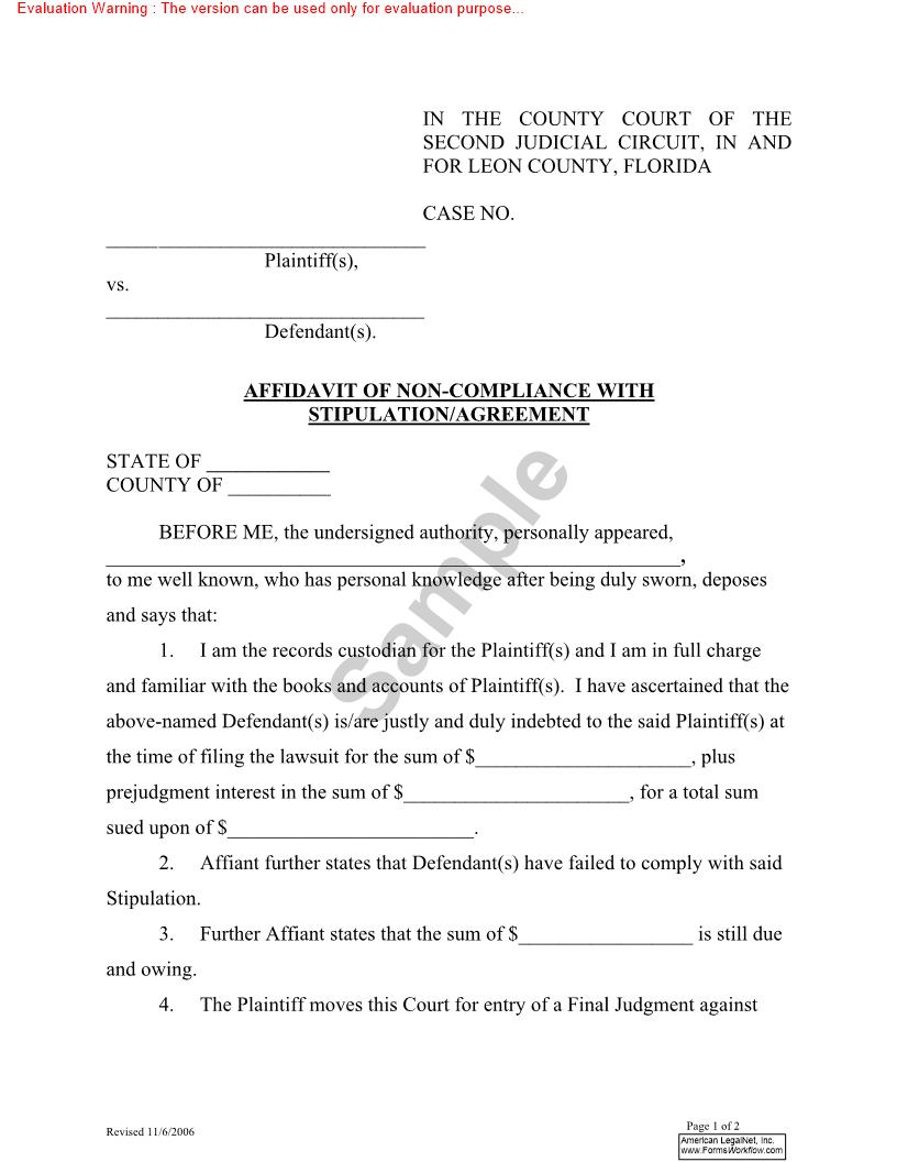 Affidavit Of Non-Compliance With Stipulation-Agreement | Pdf Fpdf Doc Docx | Florida