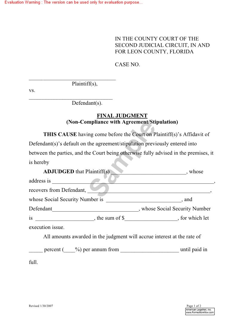 Final Judgment (Non-Compliance With Stipulation-Agreement) | Pdf Fpdf Doc Docx | Florida