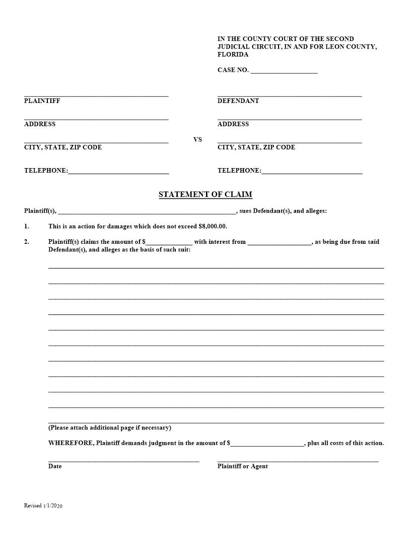 Statement Of Claim (Small Claims) | Pdf Fpdf Doc Docx | Florida