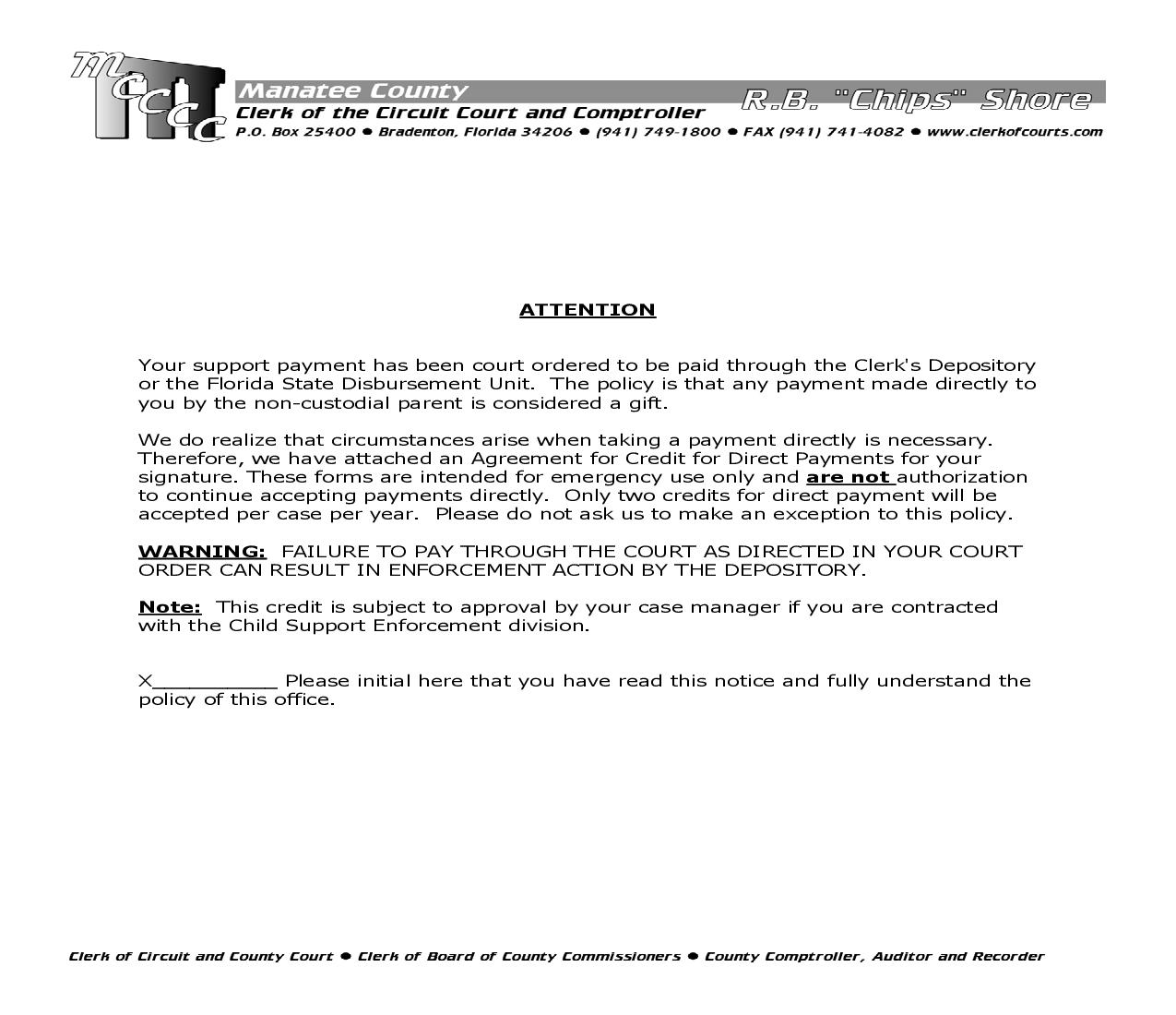 Agreement For Credit For Direct Payments |  | Florida