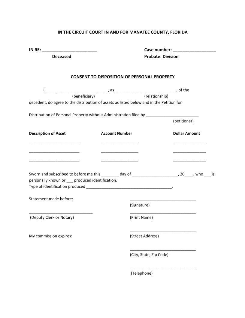 Consent To Disposition Of Personal Property | Pdf Fpdf Docx | Florida