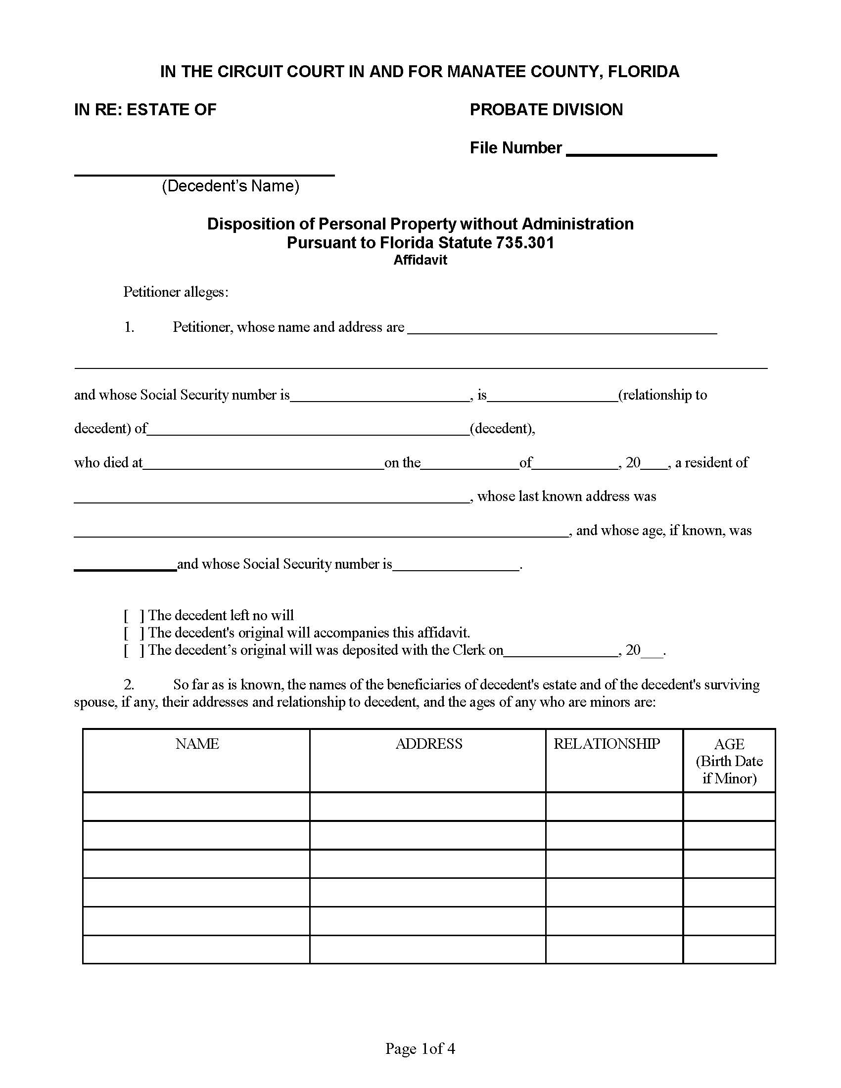 Disposition Of Personal Property Without Administration Pursuant To FL Statute 735.301 | Pdf Fpdf Docx | Florida
