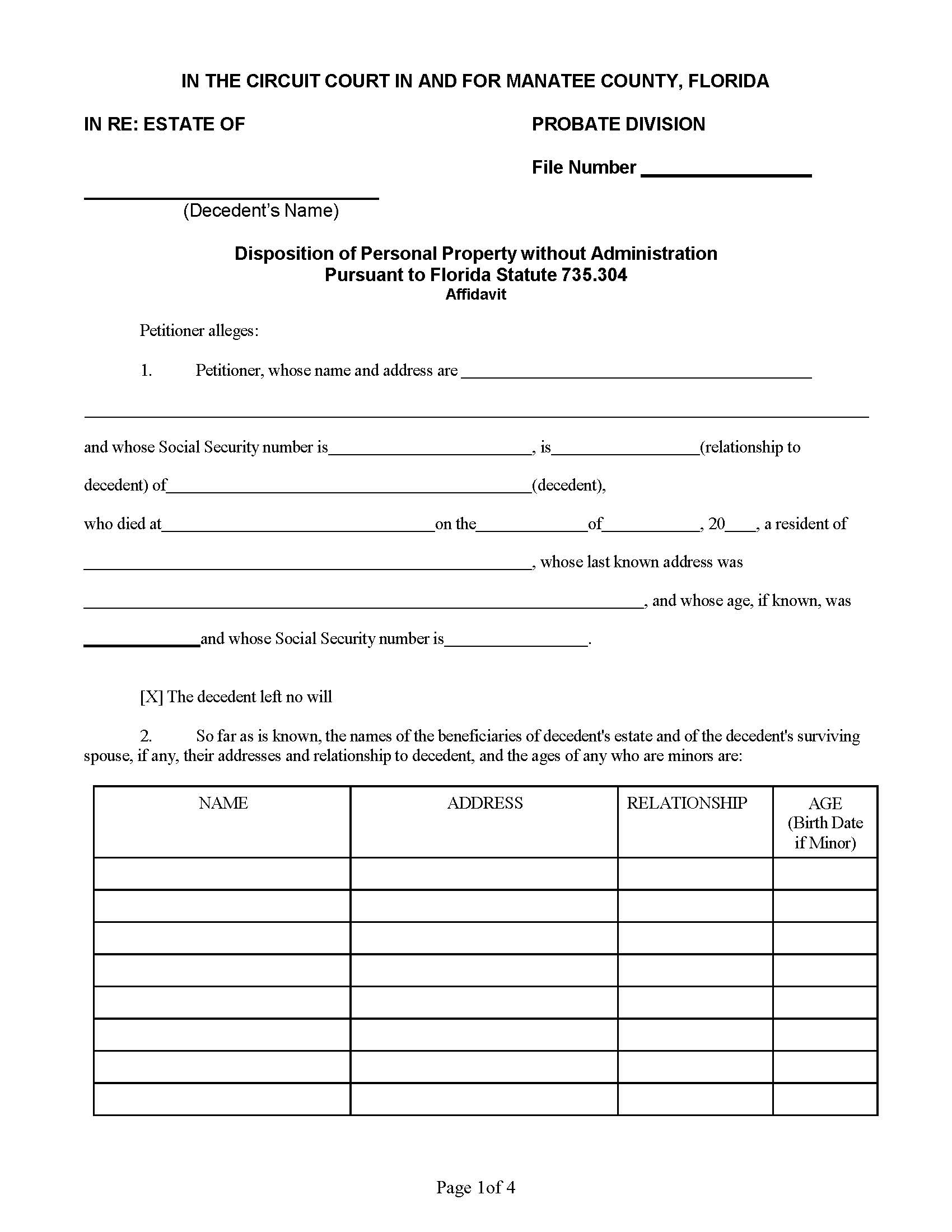Disposition Of Personal Property Without Administration Pursuant To FL Statute 735.304 | Pdf Fpdf Docx | Florida