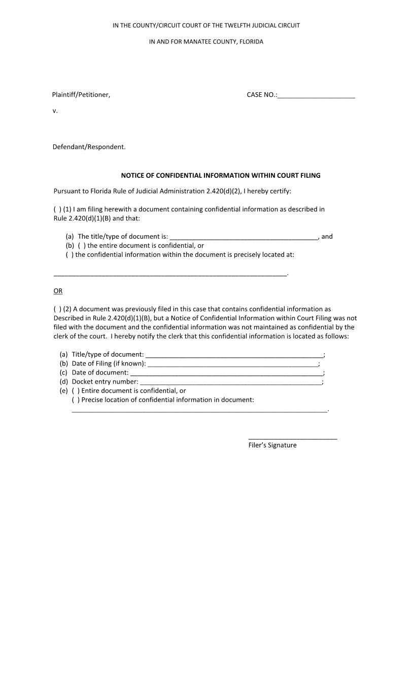 Notice Of Confidential Information WIthin Court Filing | Pdf Fpdf Docx | Florida