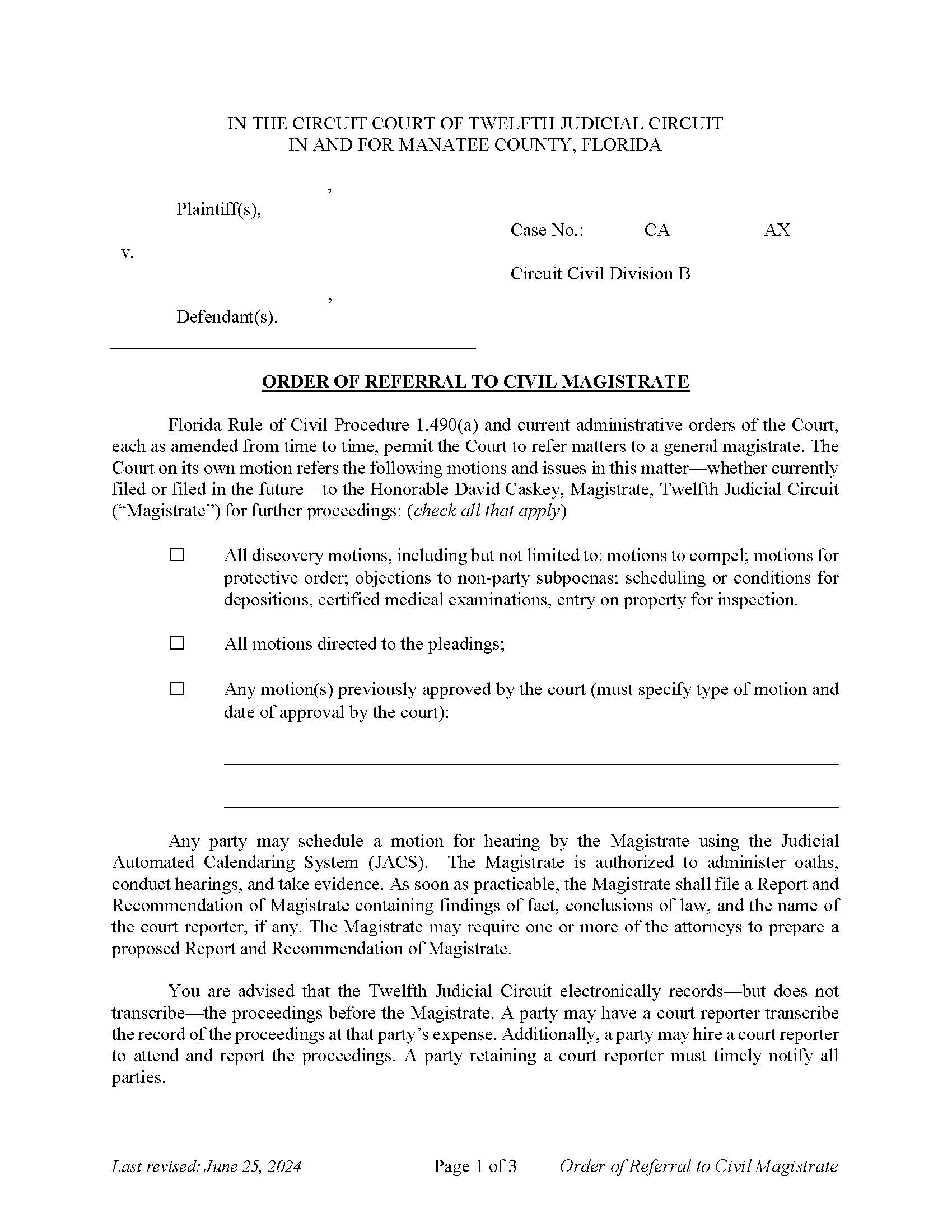 Order Of Referral To Civil Magistrate | Pdf Fpdf Docx | Florida