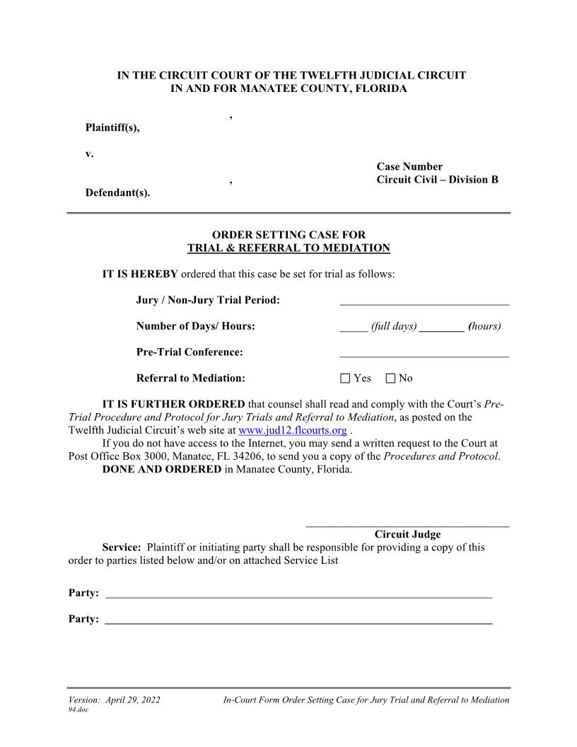 Order Setting Case For Trial And Referral To Mediation (Judge Sniffen) | Pdf Fpdf Docx | Florida