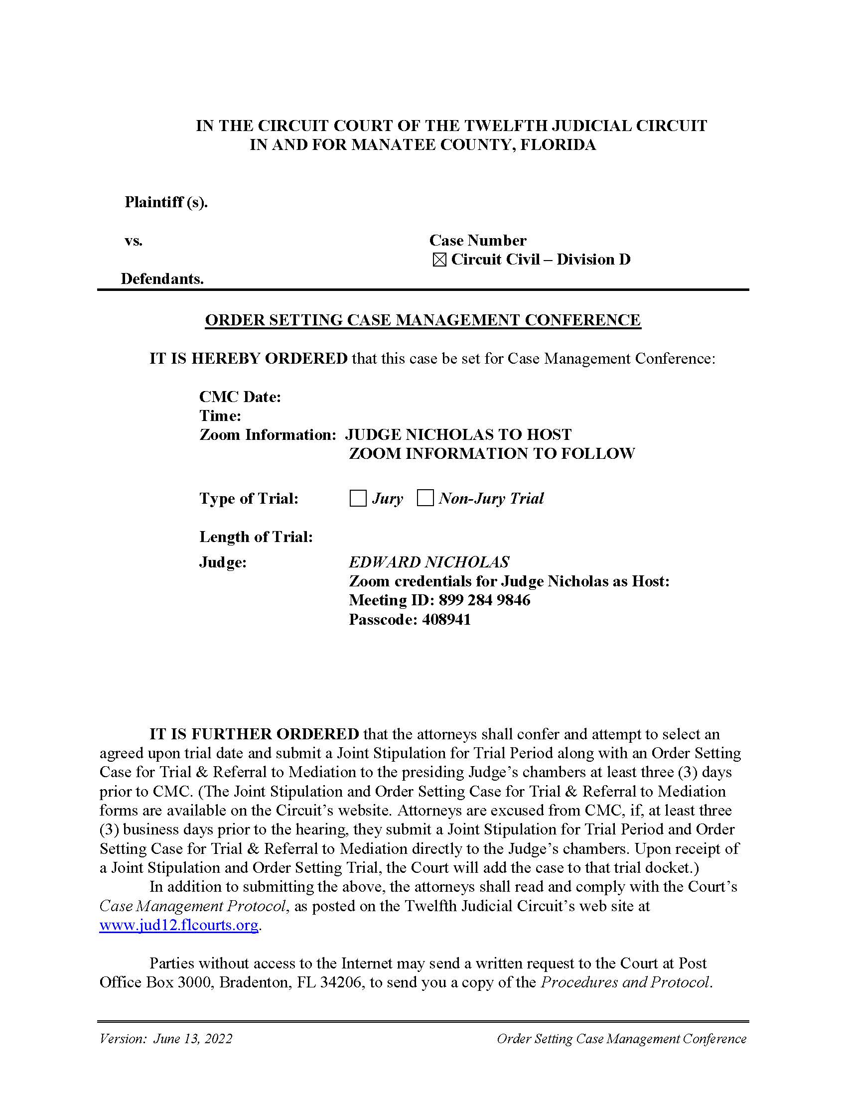 Order Setting Case Managemen Conference (Judge Nicholas) | Pdf Fpdf Docx | Florida