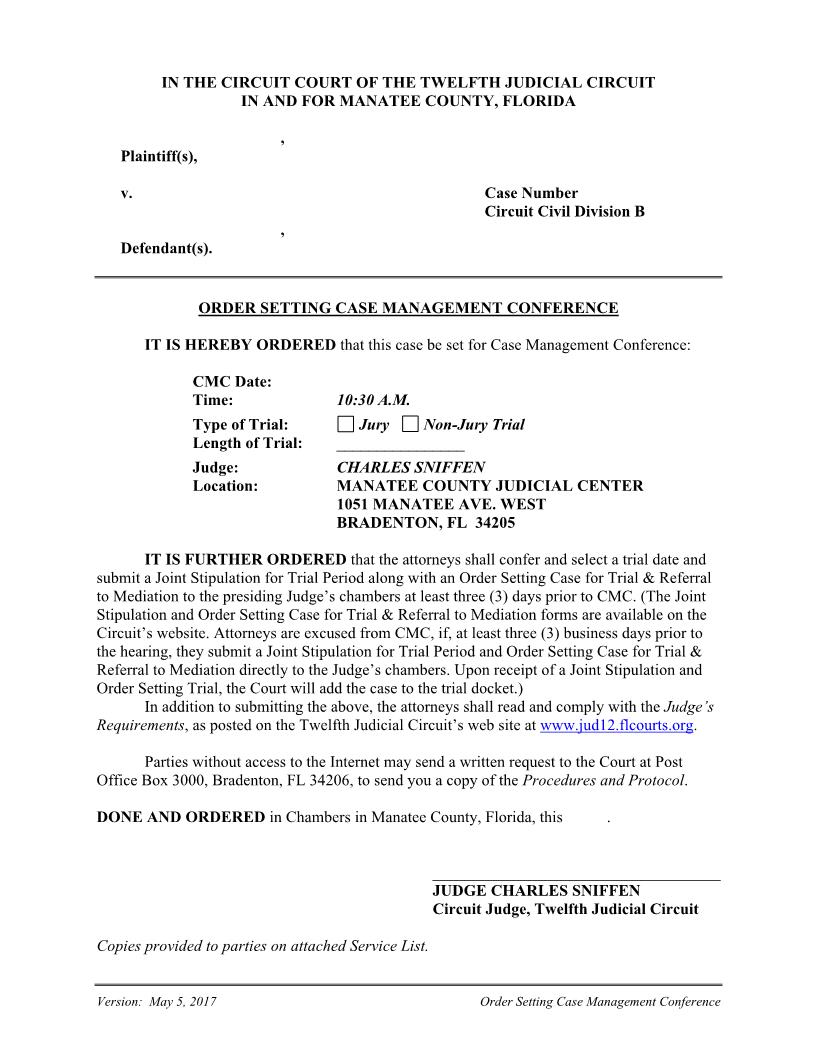 Order Setting Case Managemen Conference (Judge Sniffen) | Pdf Fpdf Docx | Florida
