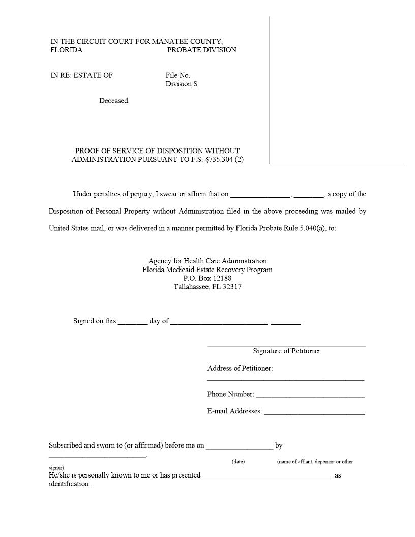 Proof Of Service Disposition Of Personal Property Without Administration (735.04) | Pdf Fpdf Docx | Florida