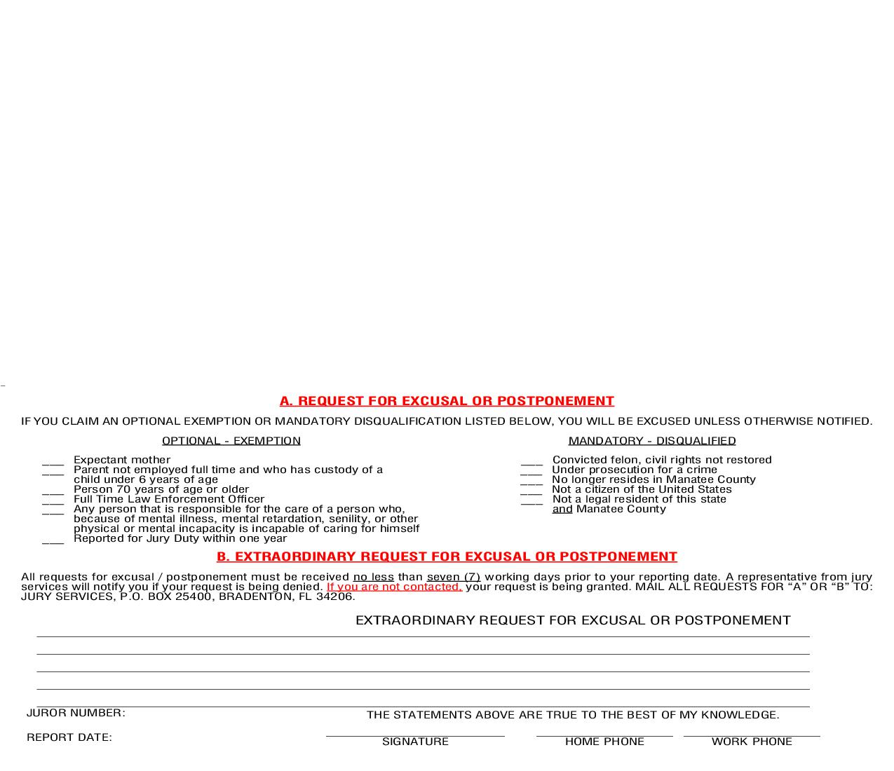 Request For Excusal Or Postponement (Juror) |  | Florida