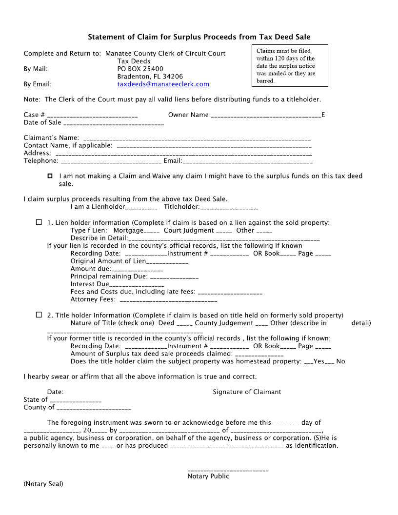 Statement Of Claim For Surplus Proceeds From Tax Deed Sale | Pdf Fpdf Docx | Florida