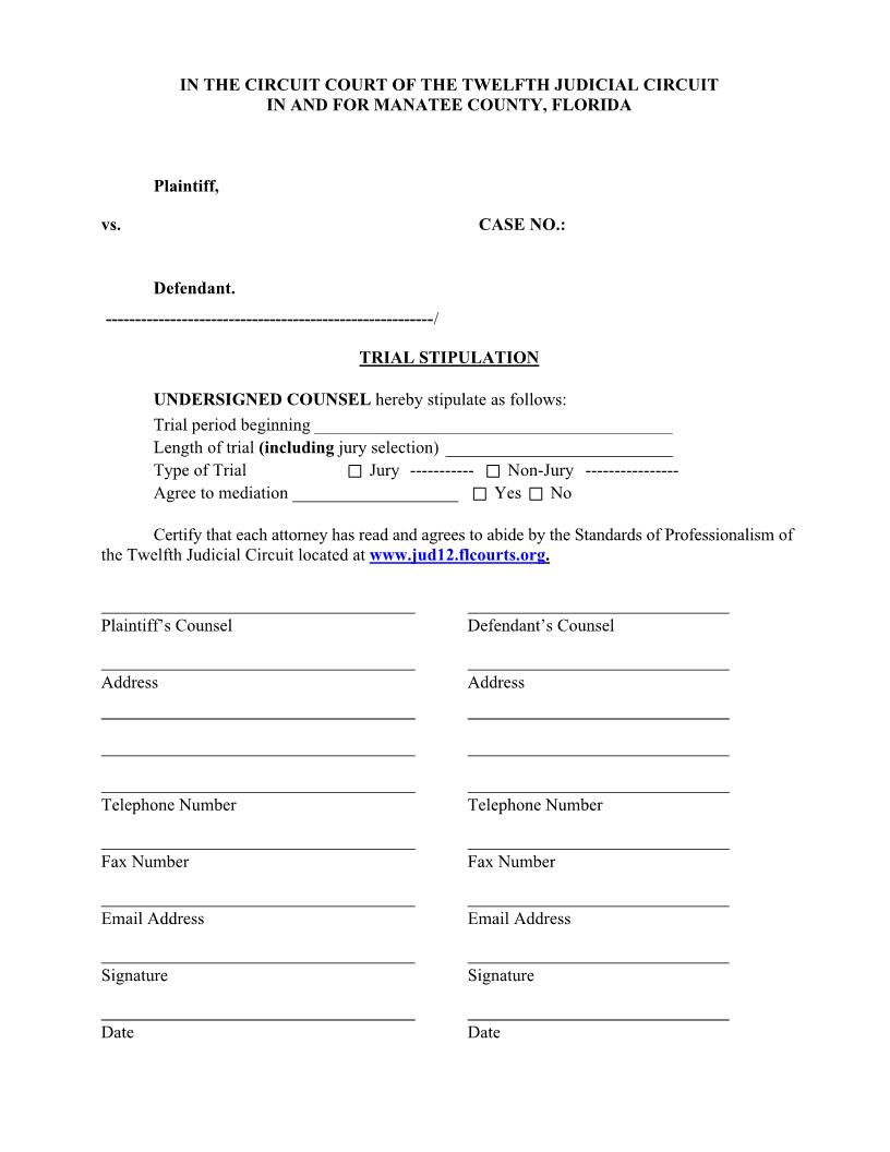 Trial Stipulation (Judge Nicholas) | Pdf Fpdf Docx | Florida