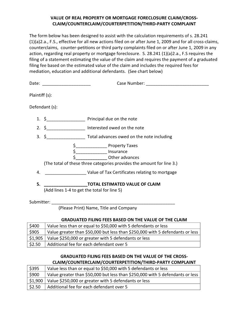 Value Of Real Property Or Mortgage Foreclosure Claim | Pdf Fpdf Docx | Florida