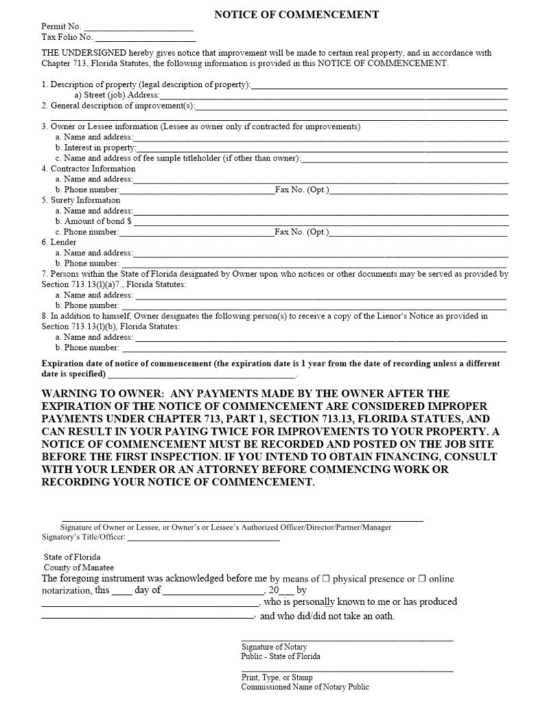 Notice Of Commencement | Pdf Fpdf Docx | Florida