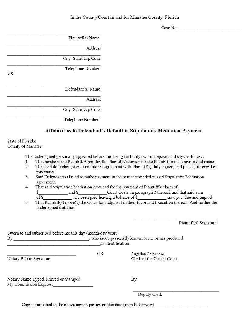 Affidavit As To Defendants Default In Stipulation-Mediation Payment | Pdf Fpdf Docx | Florida