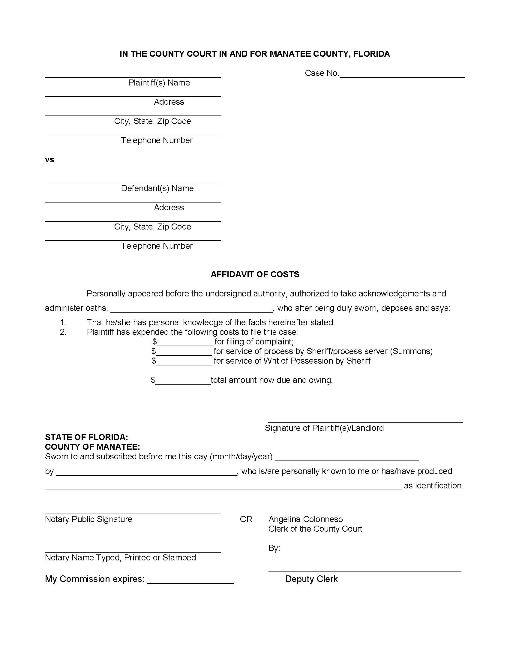 Affidavit Of Costs (Eviction) | Pdf Fpdf Docx | Florida
