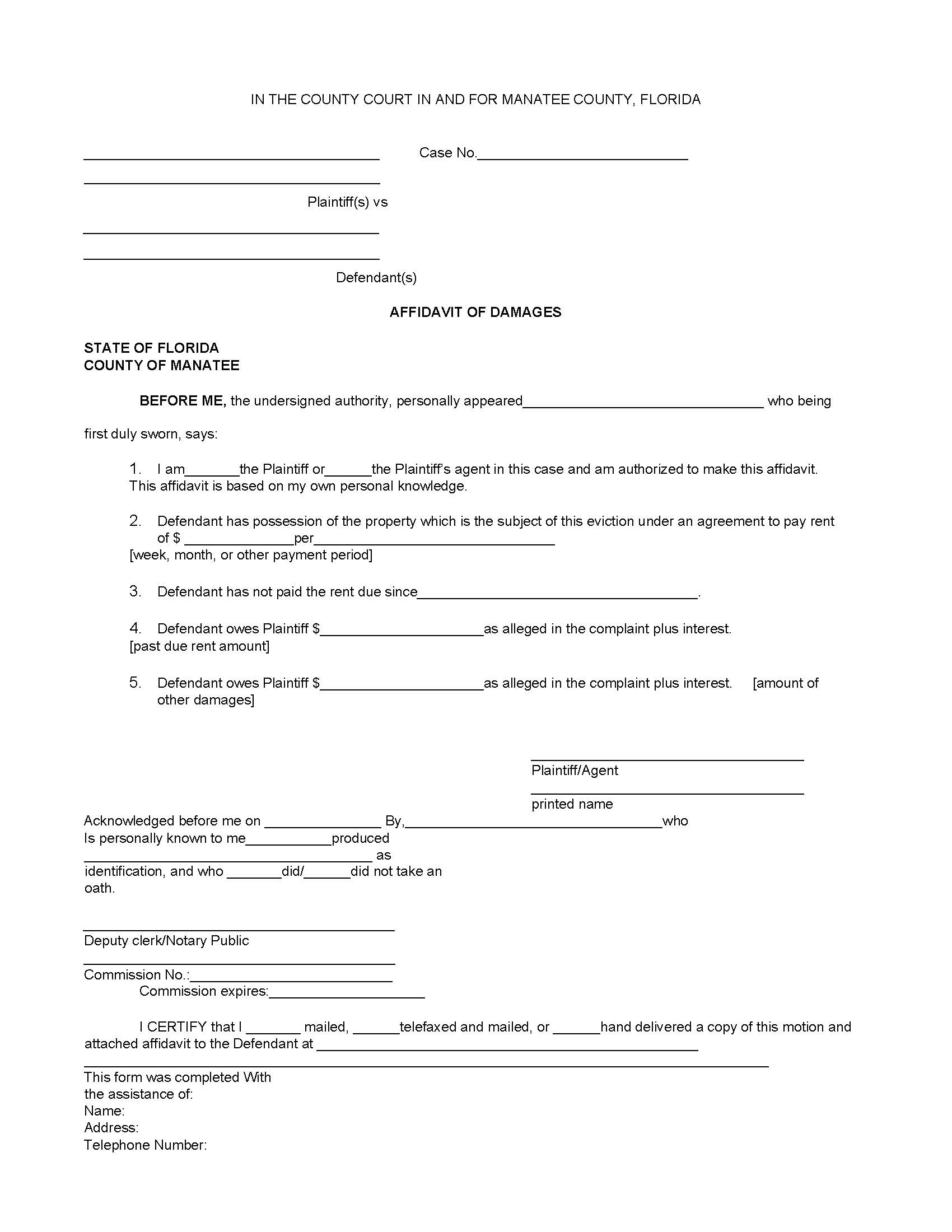Affidavit Of Damages (Eviction Complaint) | Pdf Fpdf Docx | Florida