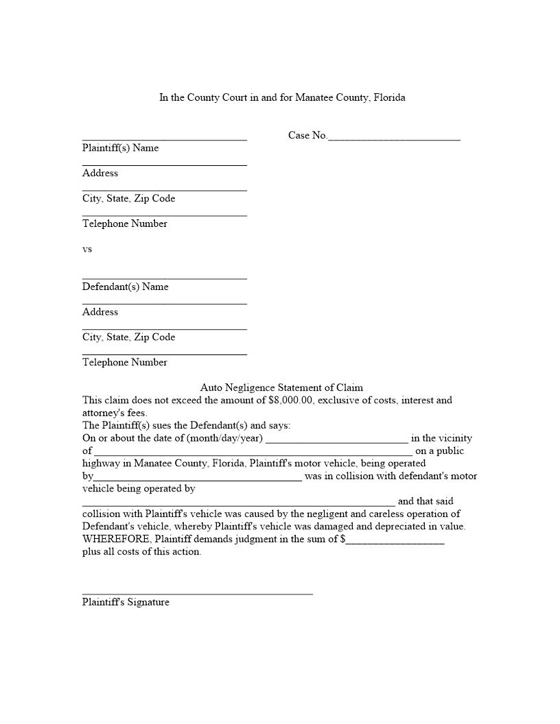 Auto Negligence Statement Of Claim | Pdf Fpdf Doc Docx | Florida