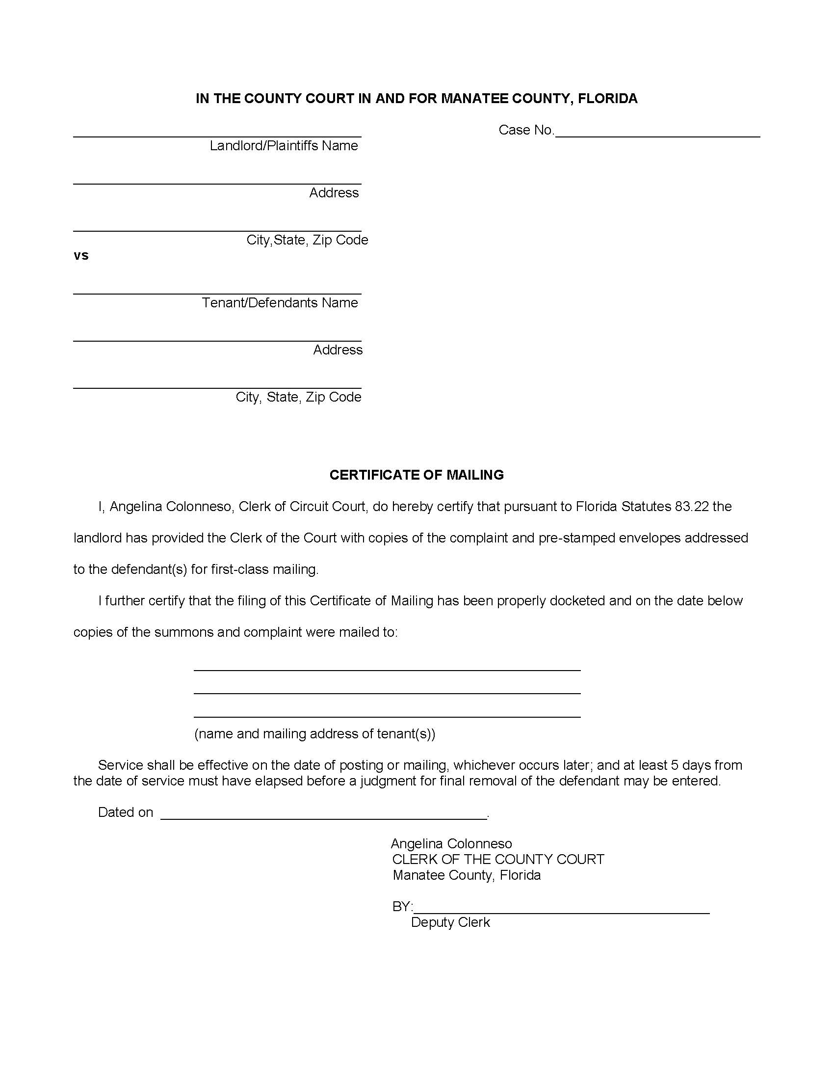 Certificate Of Mailing (Complaint) | Pdf Fpdf Docx | Florida