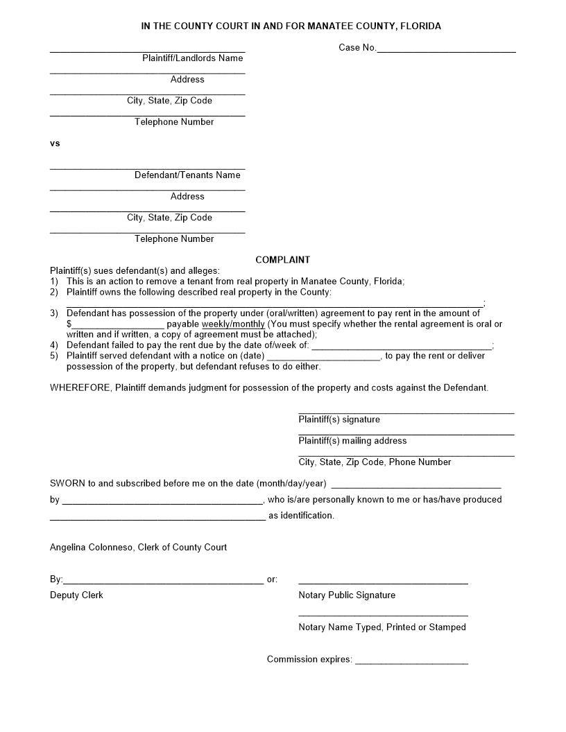 Complaint (Eviction No Damages) | Pdf Fpdf Docx | Florida
