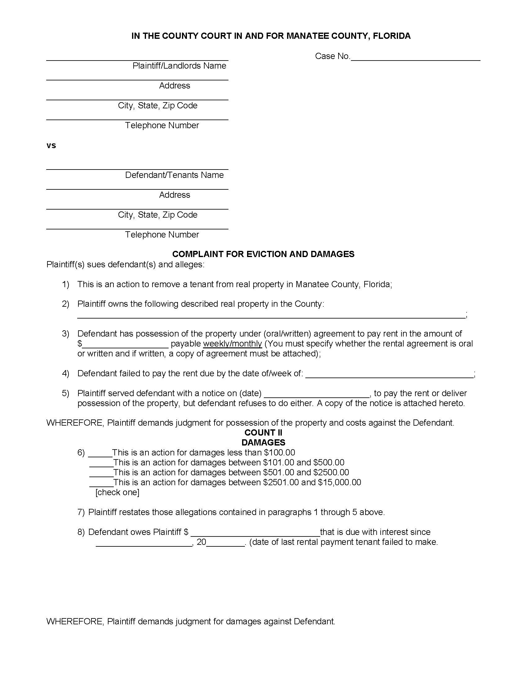 Complaint For Eviction And Damages | Pdf Fpdf Docx | Florida