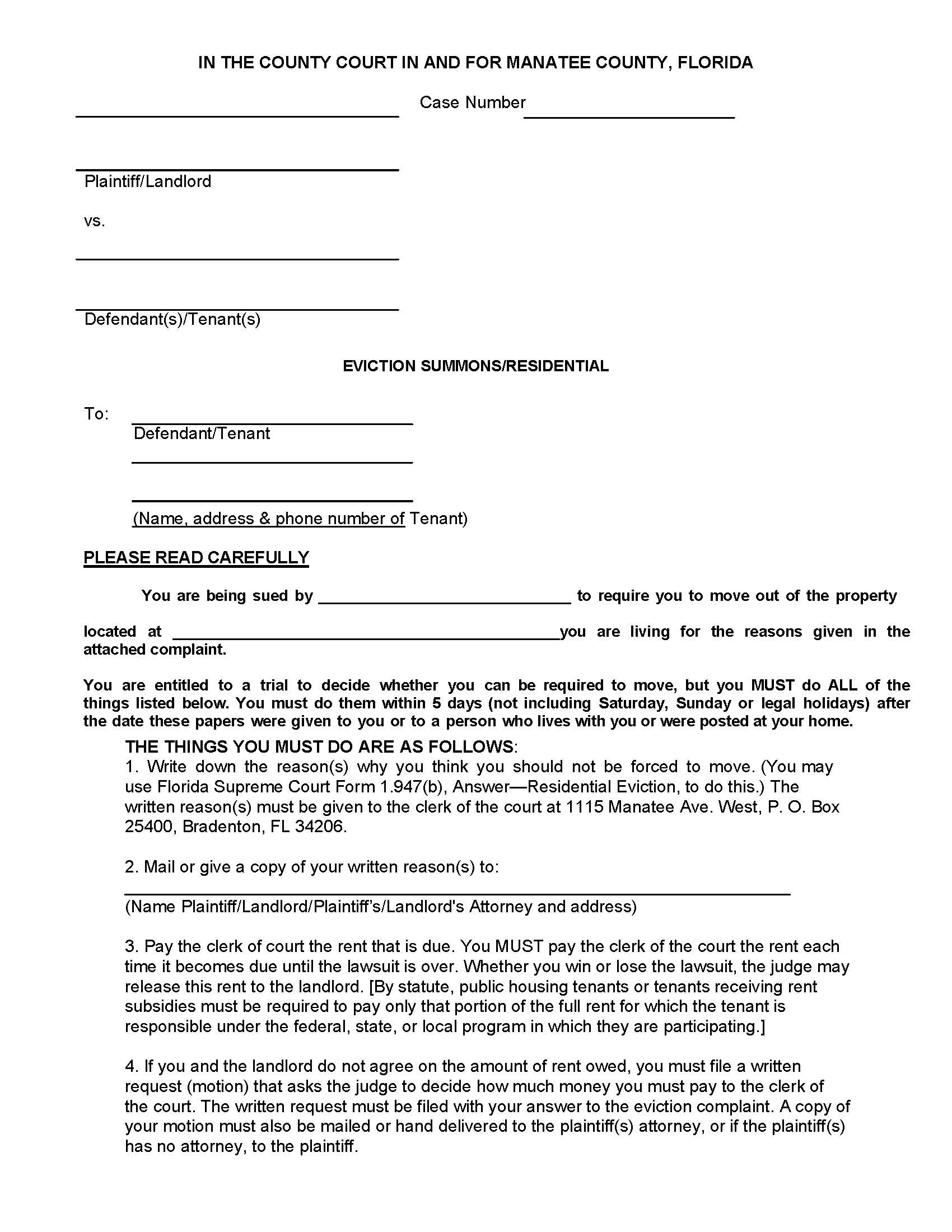 Eviction Summons - Residential (No Damages) | Pdf Fpdf Docx | Florida