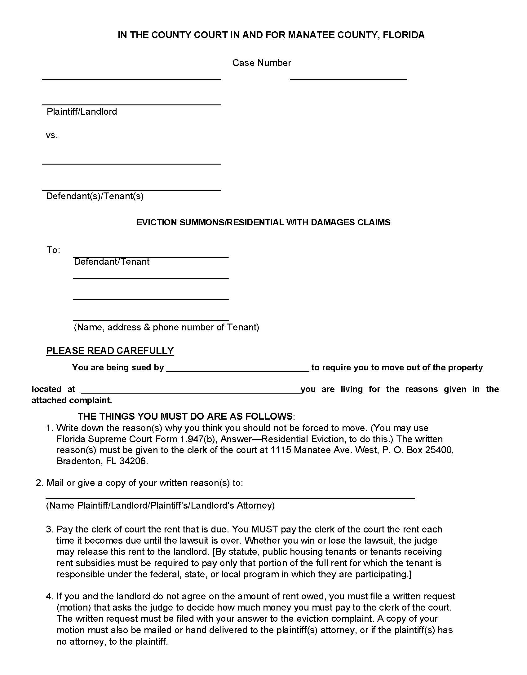 Eviction Summons - Residential With Damages Claims | Pdf Fpdf Docx | Florida