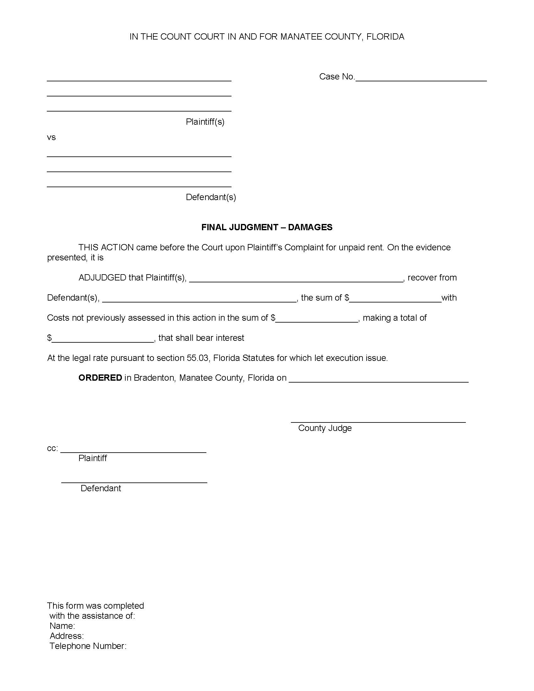 Final Judgment - Damages (Unpaid Rent) | Pdf Fpdf Docx | Florida