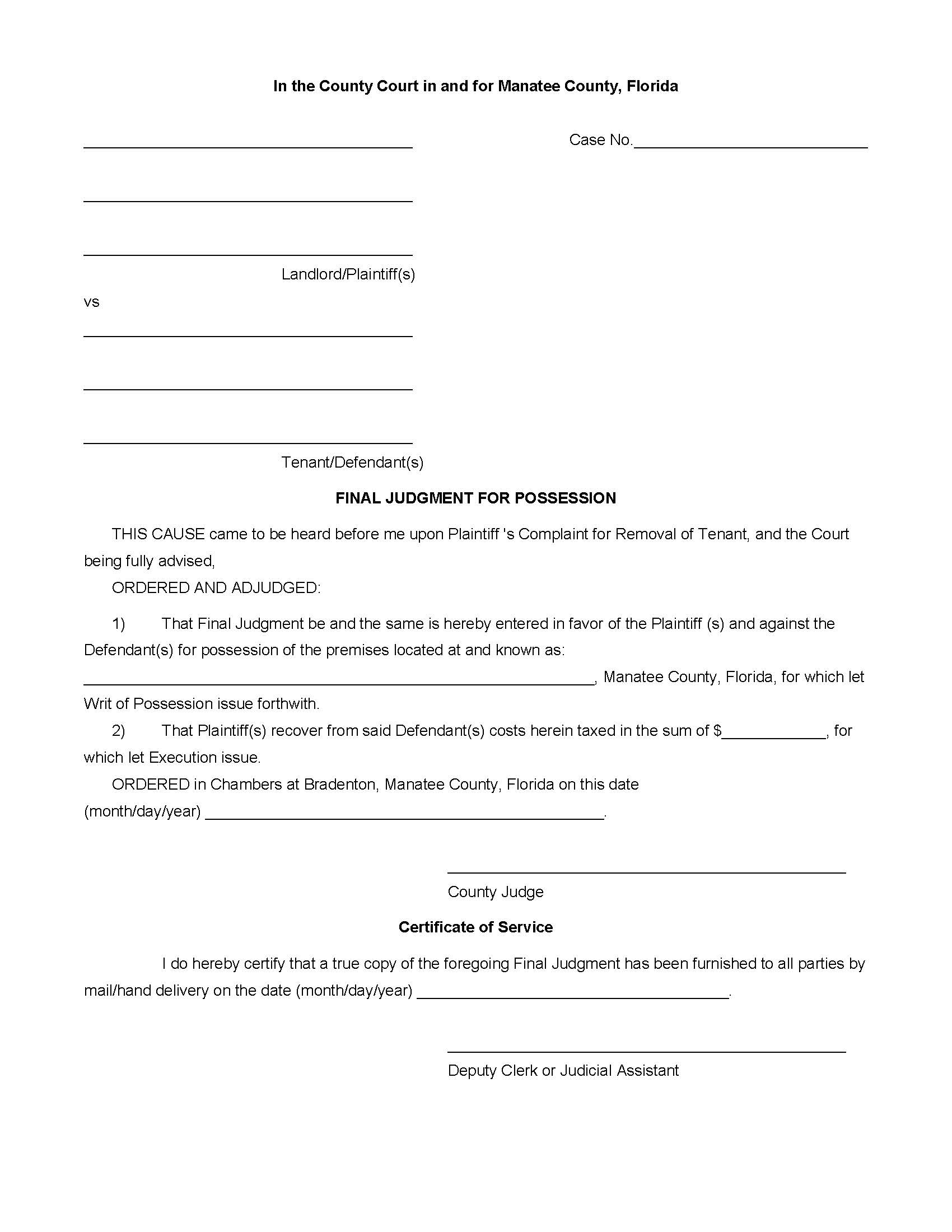 Final Judgment For Possession | Pdf Fpdf Docx | Florida