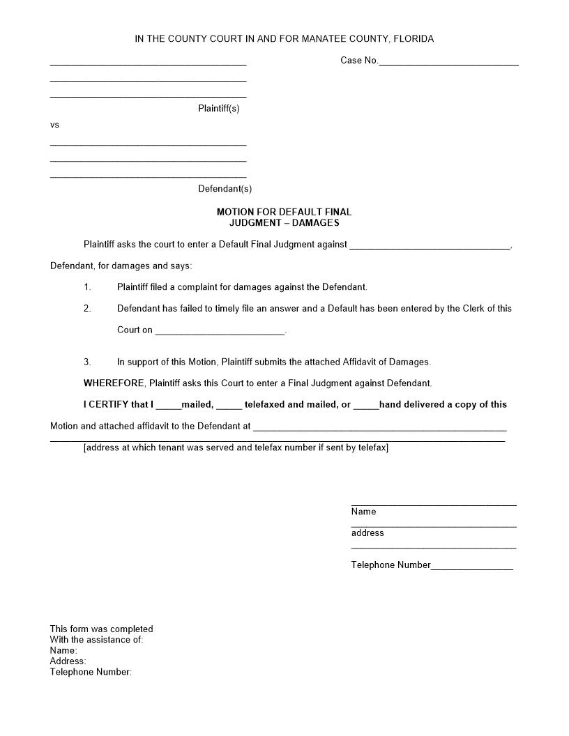 Motion For Default FInal Judgment - Damages | Pdf Fpdf Docx | Florida