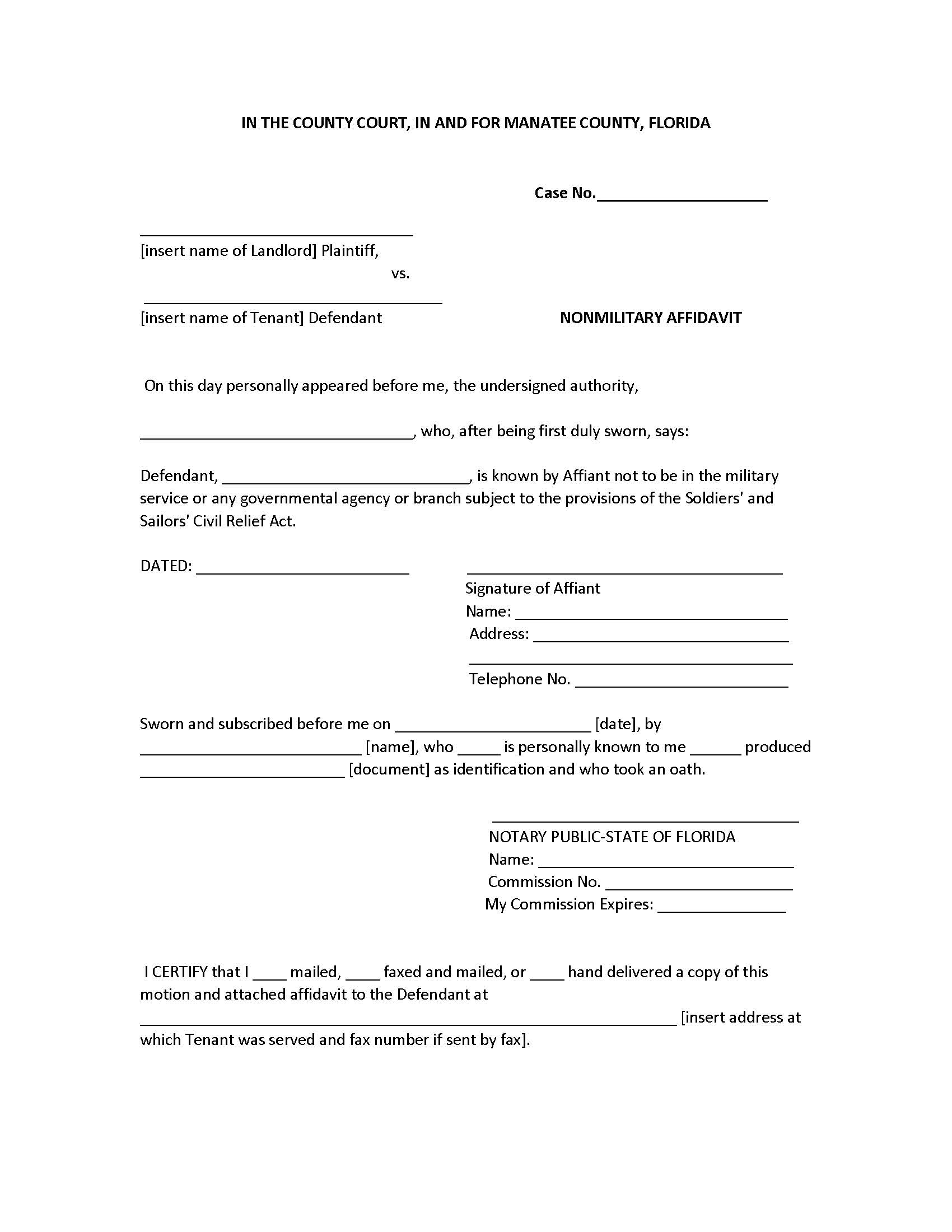 Nonmilitary Affidavit | Pdf Fpdf Docx | Florida