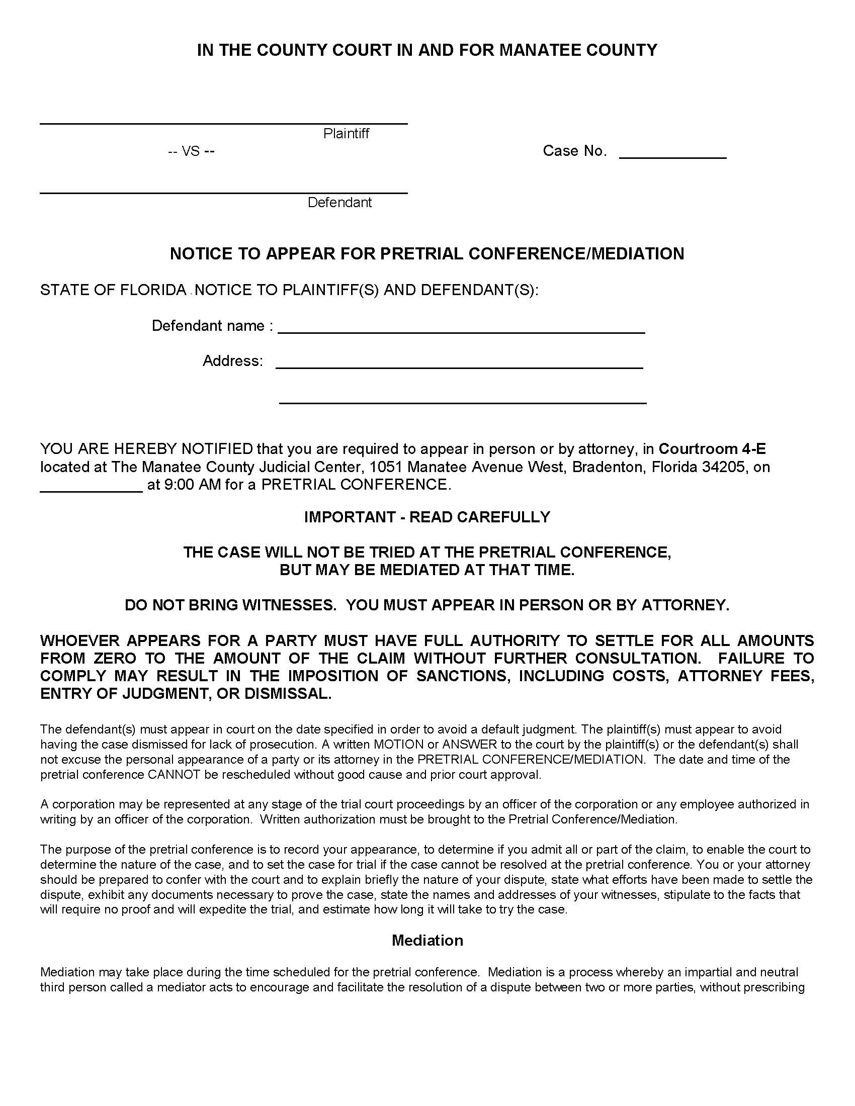 Notice To Appear For Pretrial Conference Mediation | Pdf Fpdf Docx | Florida