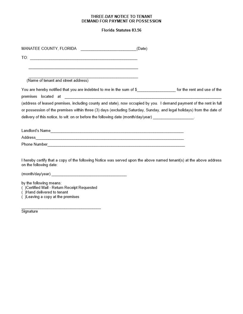 Three-Day Notice To Tenant Demand For Payment Or Possession | Pdf Fpdf Docx | Florida