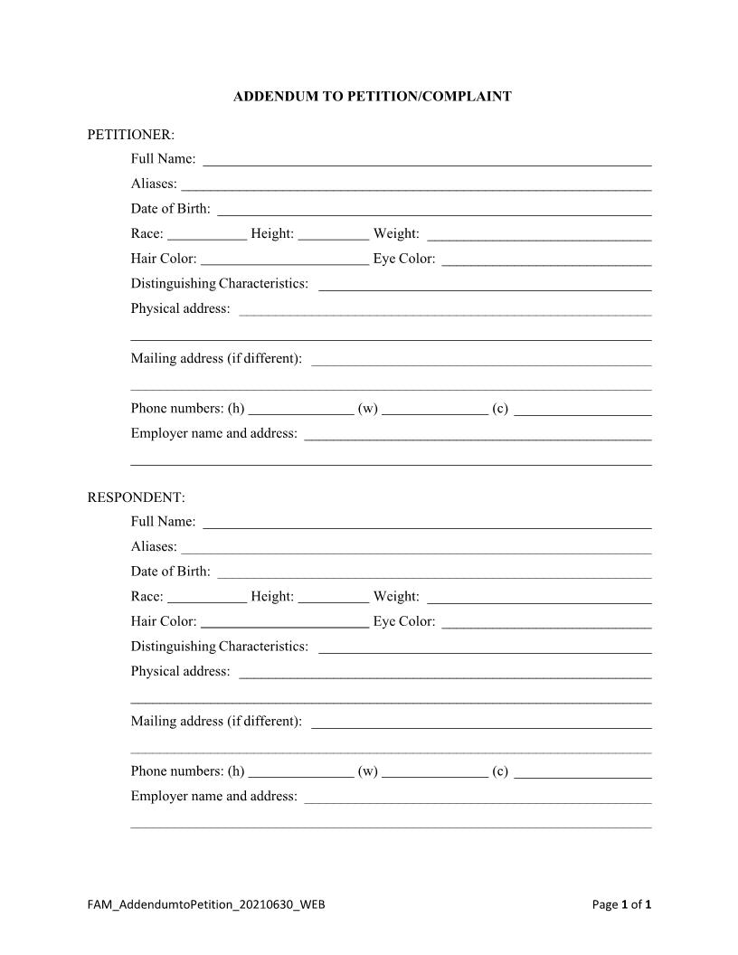 Addendum To Petition (Family Law) | Pdf Fpdf Docx | Florida