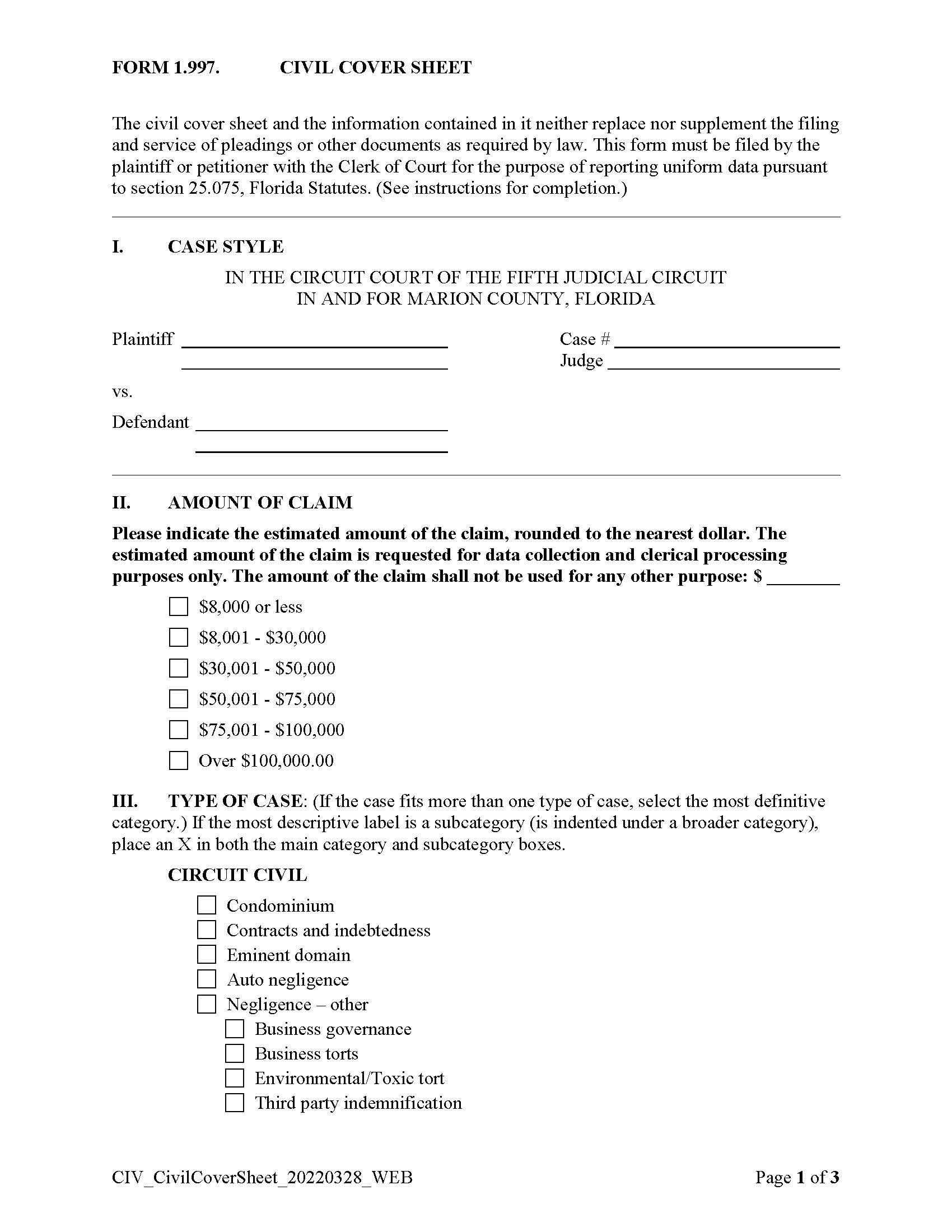 Civil Cover Sheet | Pdf Fpdf Docx | Florida