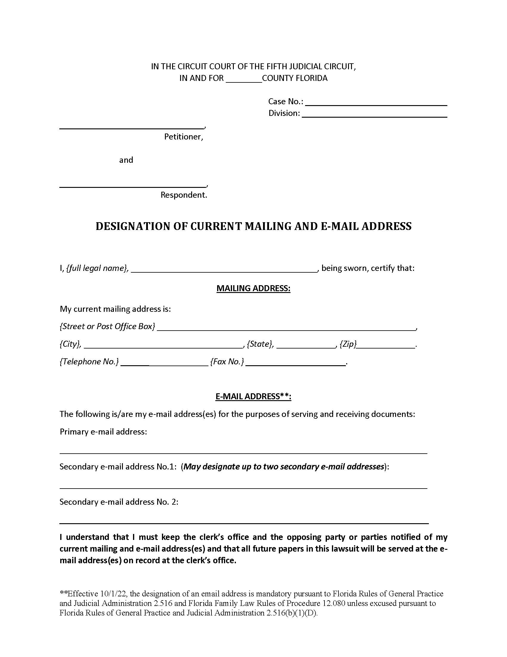 Designation Of Current Mailing And Email Address Form And Instructions | Pdf Fpdf Docx | Florida