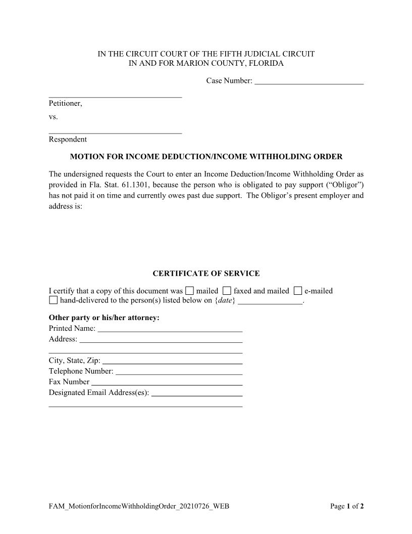 Motion For Income Withholding Order | Pdf Fpdf Docx | Florida