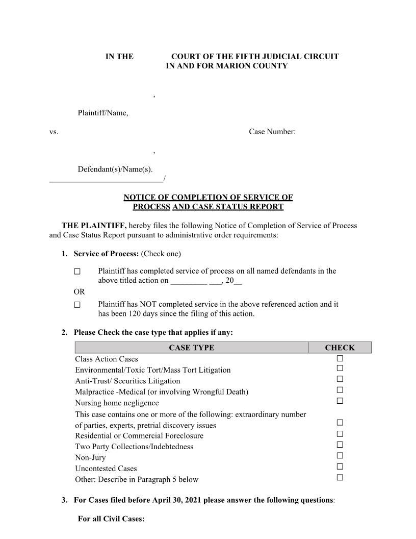 Notice Of Completion Of Service And Case Status Report (Marion) | Pdf Fpdf Docx | Florida