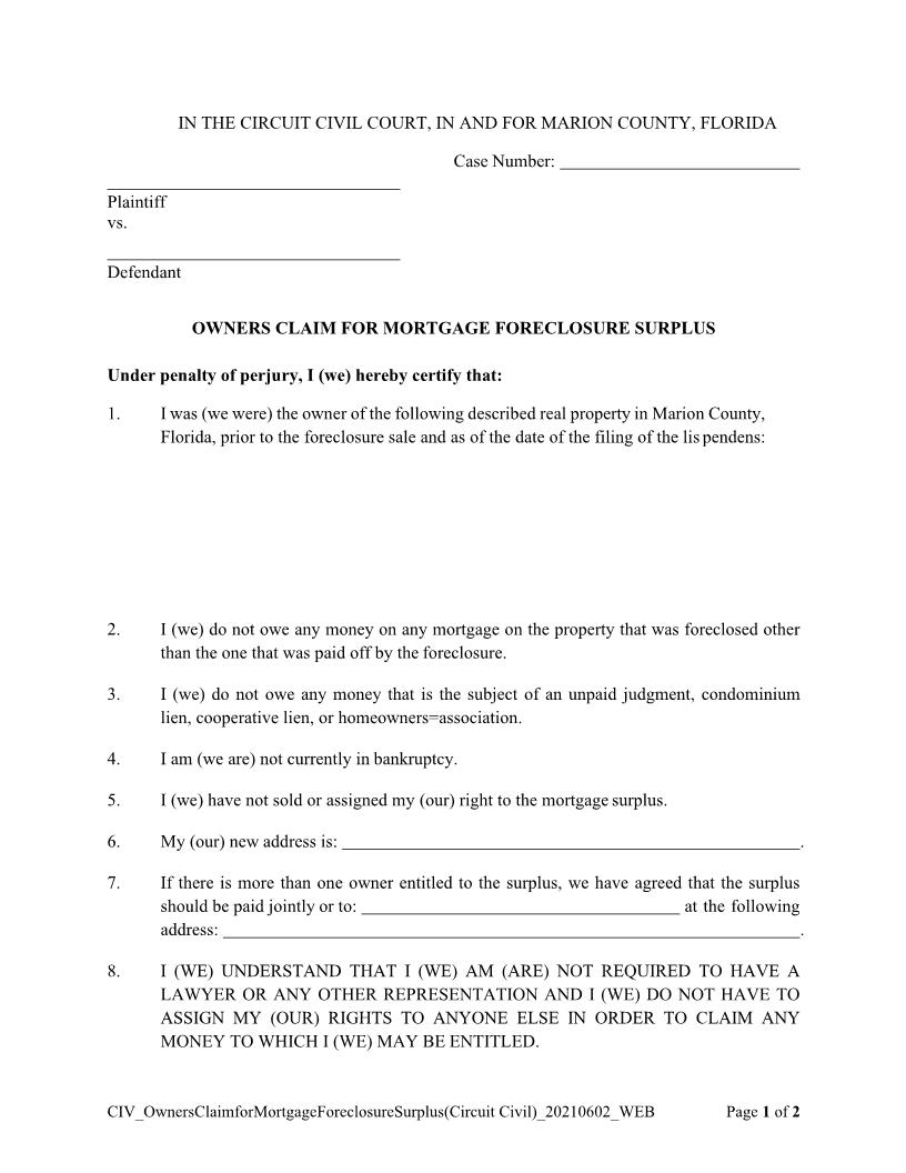 Owners Claim For Mortgage Foreclosure Surplus | Pdf Fpdf Docx | Florida