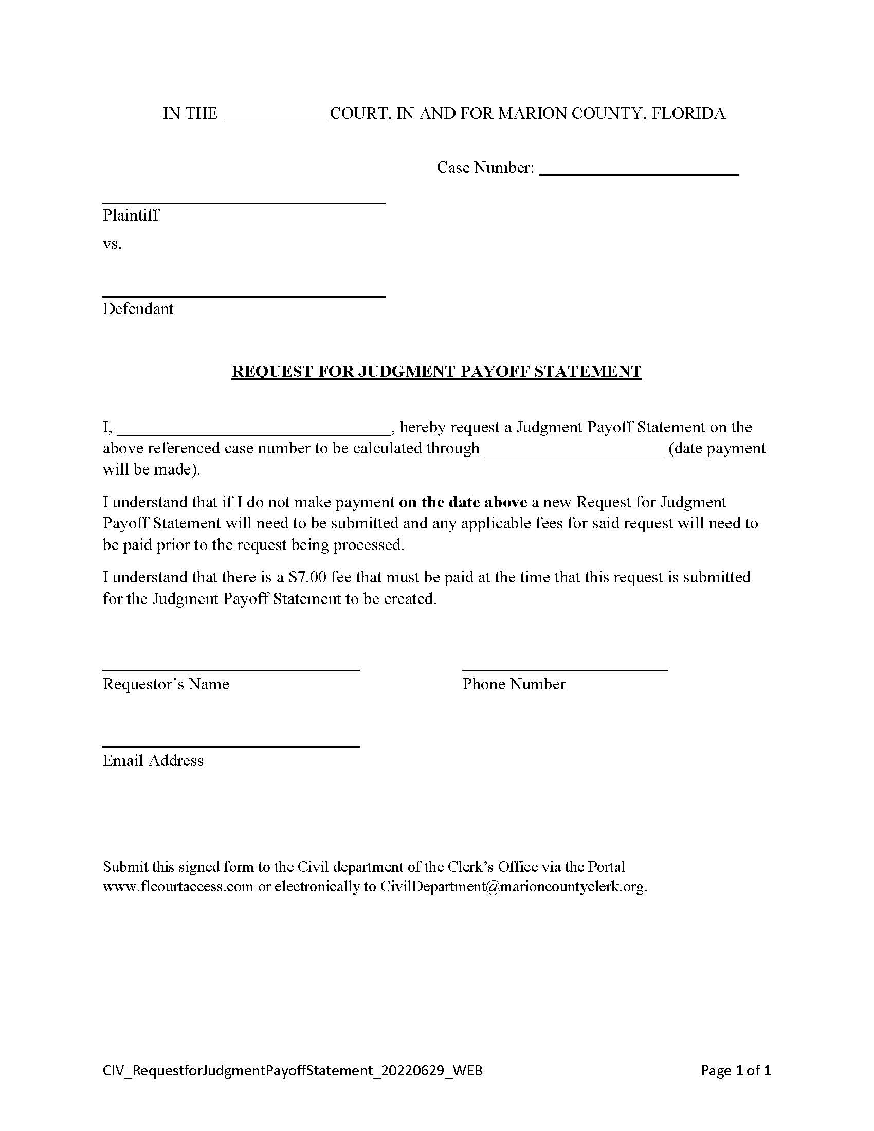 Request For Judgment Payoff Statement | Pdf Fpdf Docx | Florida