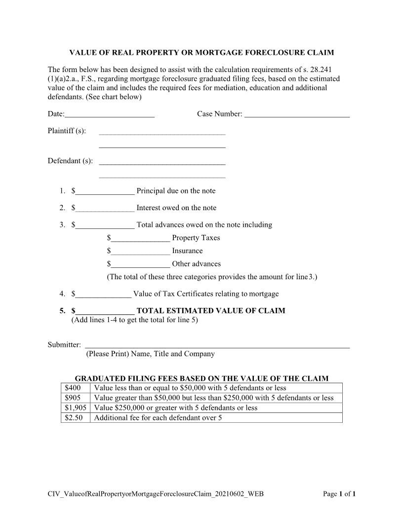Value Of Real Property Or Mortgage Foreclosure Claim | Pdf Fpdf Docx | Florida