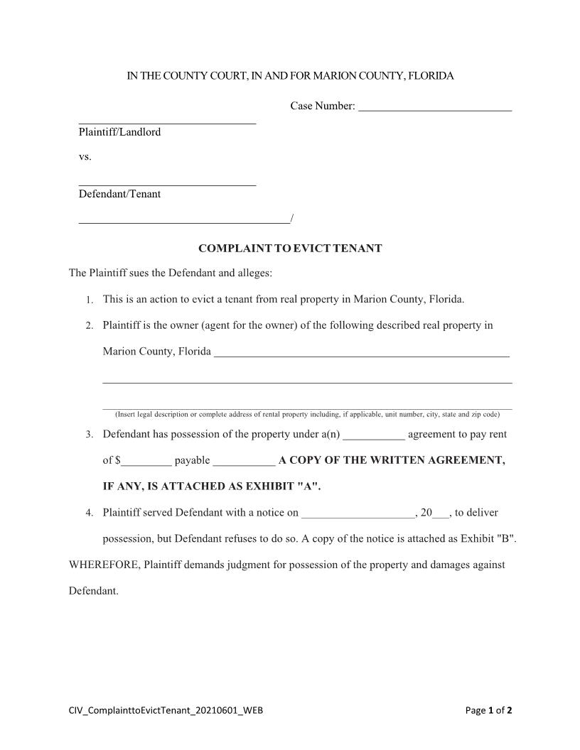 Complaint To Evict Tenant | Pdf Fpdf Doc Docx | Florida