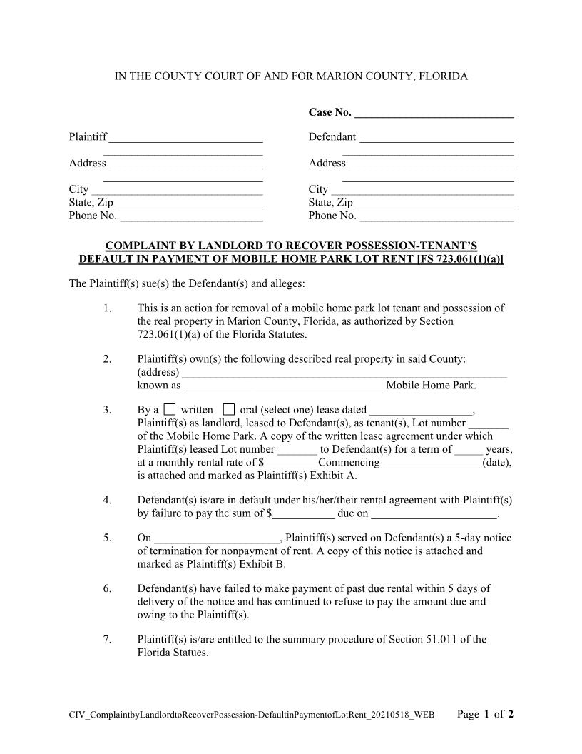 Complaint To Recover Possession-Tenants In Default Mobile Lot Rent | Pdf Fpdf Docx | Florida
